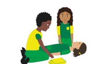 Children using a defibrillator on a casualty.