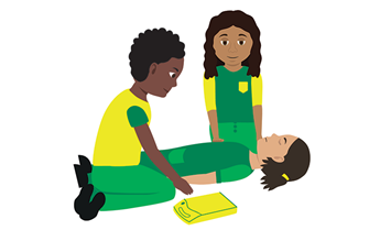 Two children using a defibrillator on casualty.