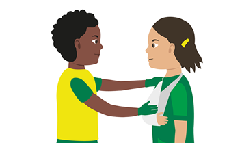 Child comforting another child with an arm sling.